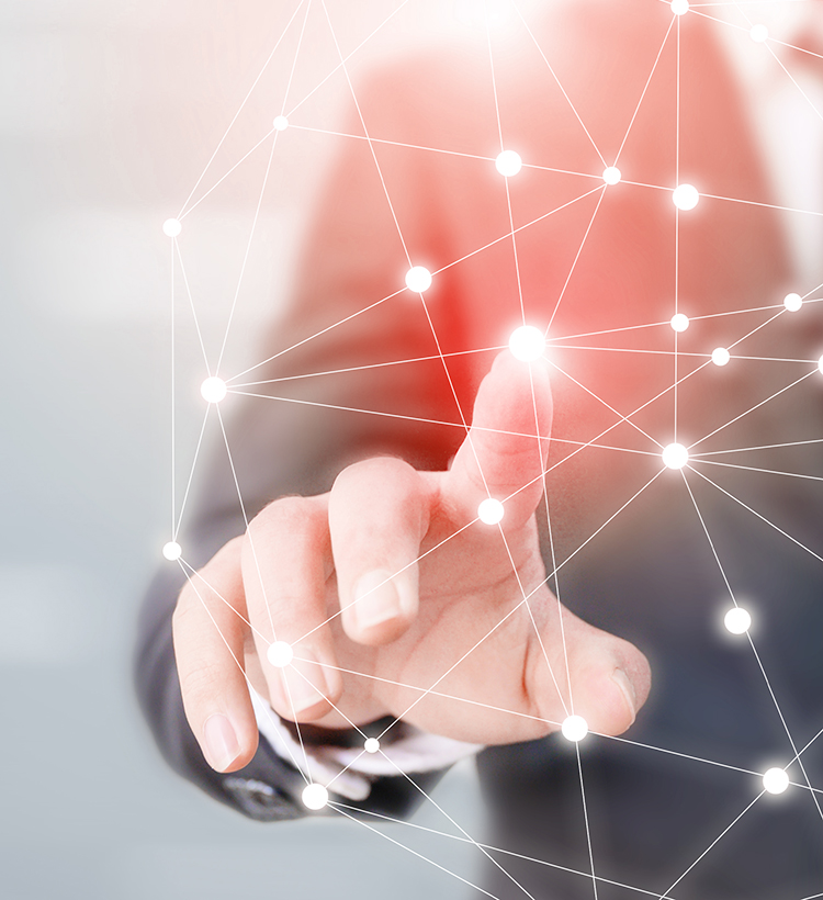 Hand zeigt auf vernetztes digitales Interface
