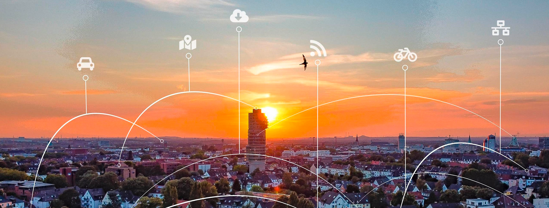 Drohnenaufnahme der Stadt Bochum bei Sonnenuntergang mit eingeblendeten weißen Symbolen, die verschiedene Netzwerke und Verbindungen darstellen.
